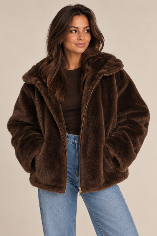 Reversibele jacket faux fur chocolade bruin