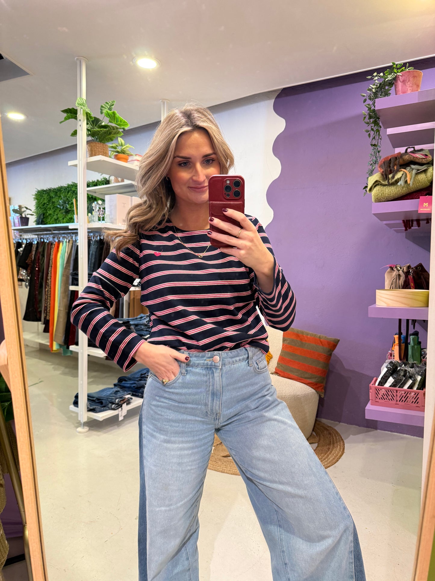 Longsleeve met streepjes navy , pink