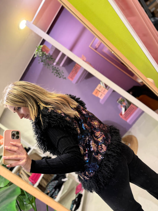 Glitter gilet fluffy zwart/blauw one size