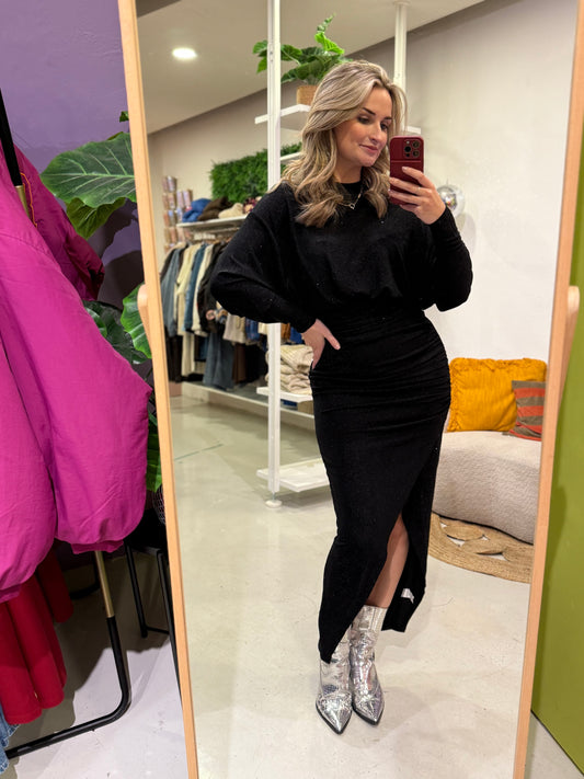 Glitter jurk zwart met split