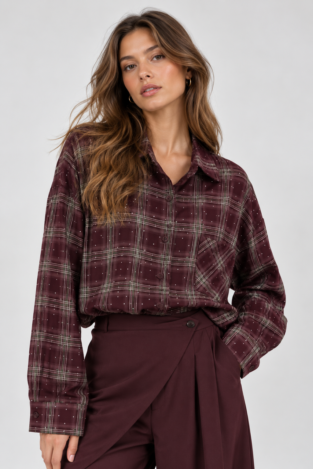 Geruite blouse bordeaux rood met strass