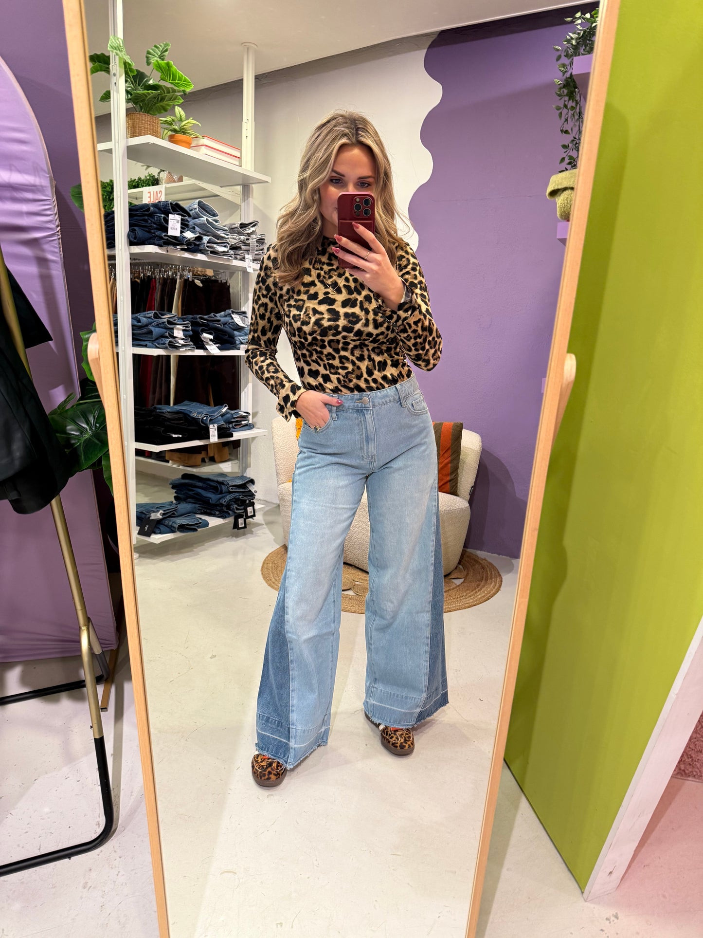 Wijde jeans met contrasterende denim