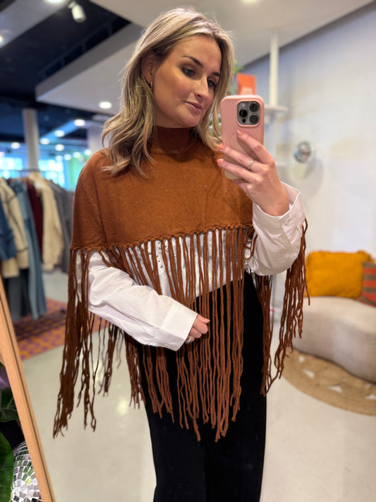 Camel fringe poncho