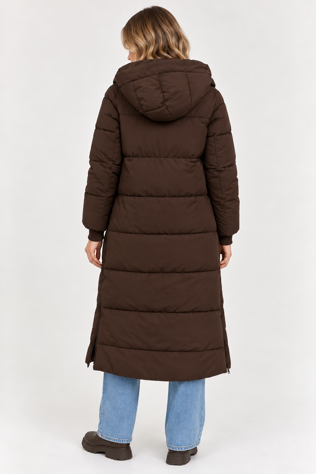 Lange winterjas met capuchon puffer coat bruin