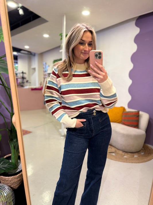 Gestreepte trui bordeaux/blauw