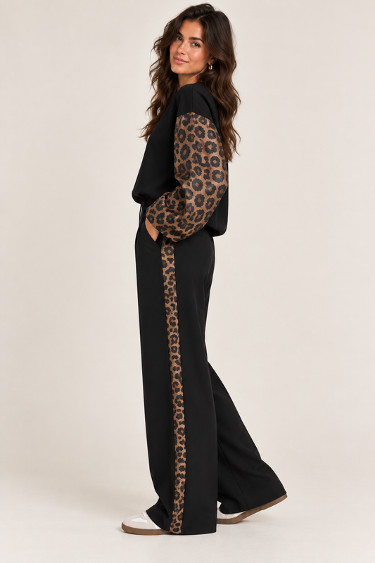 imani pants black/light camel met luipaard bies