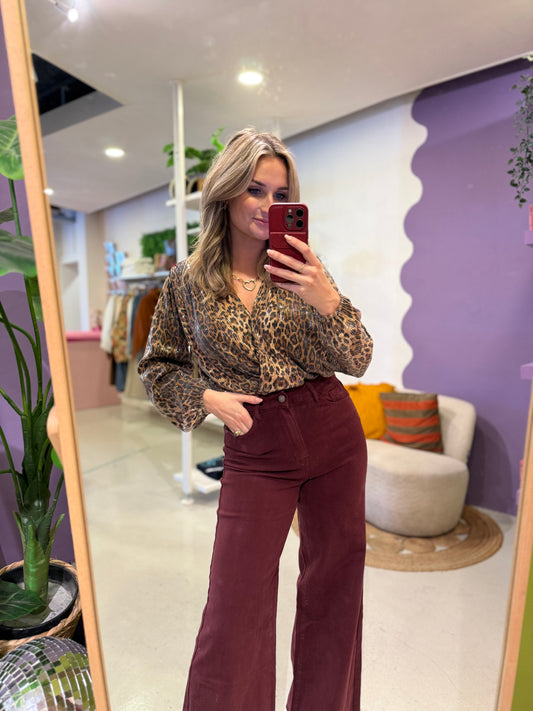 Leopard pailletten body v-hals top