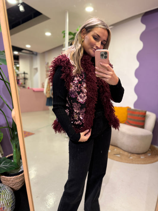 Glitter gilet fluffy bordeaux one size
