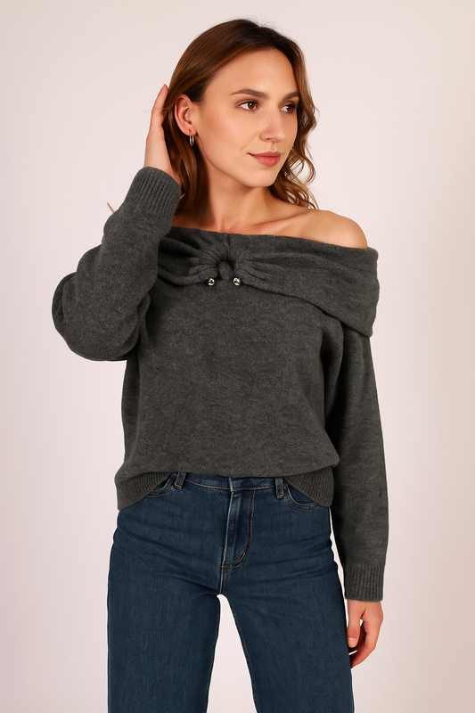 Off-shoulder trui met detail aan voorkant grijs