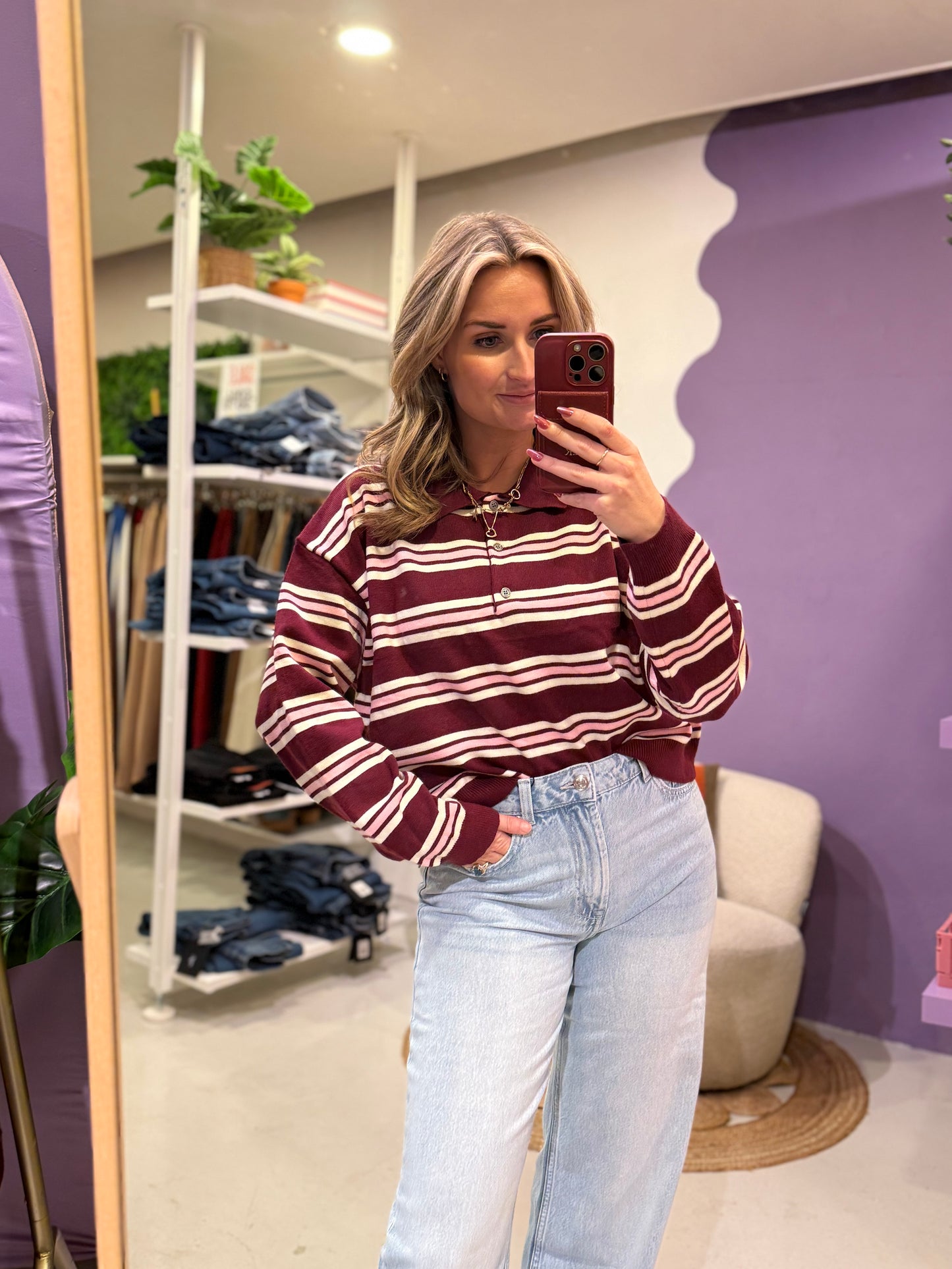 Gestreepte polo bordeaux ,creme , roze