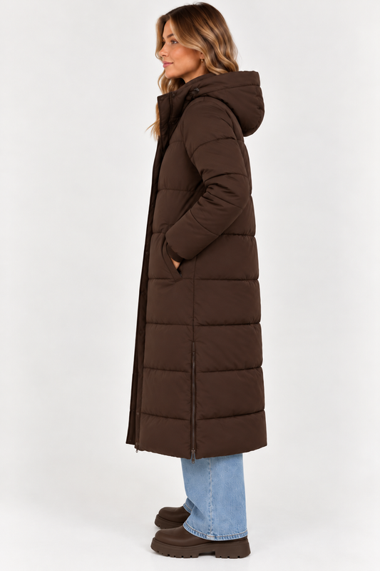 Lange winterjas met capuchon puffer coat bruin