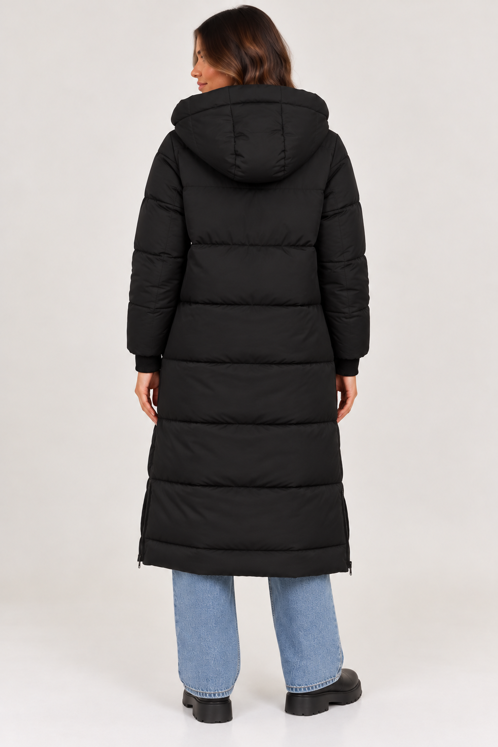 Lange winterjas met capuchon puffer coat zwart