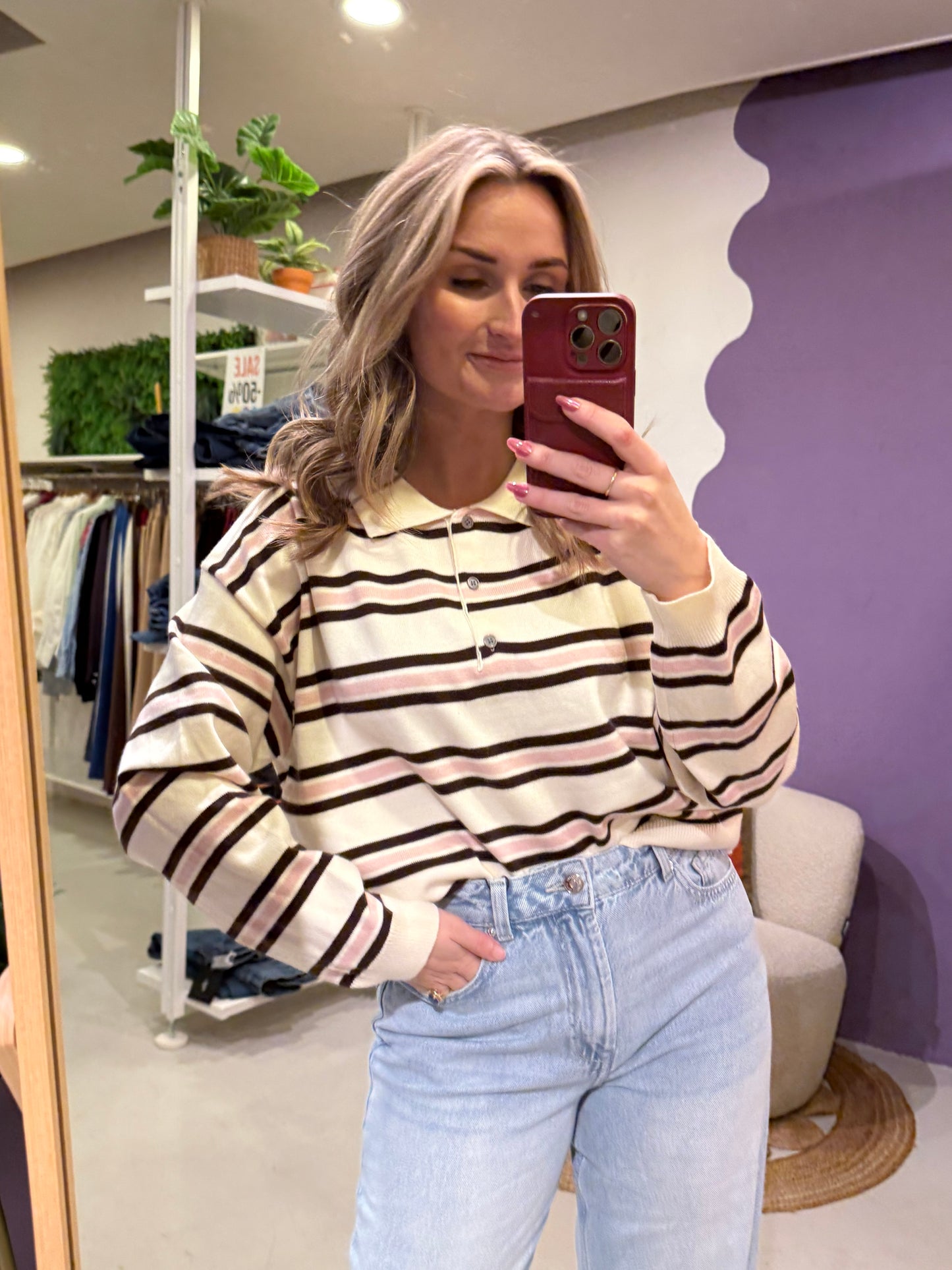 Gestreepte polo creme , bruin , roze