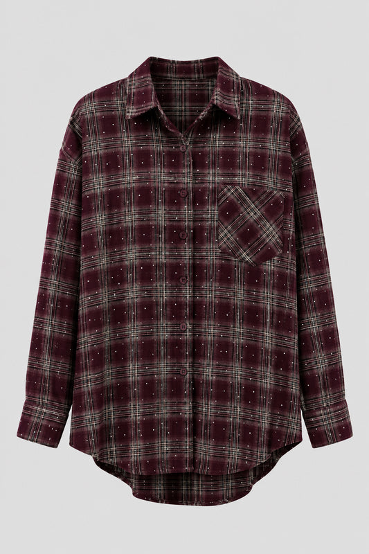 Geruite blouse bordeaux rood met strass