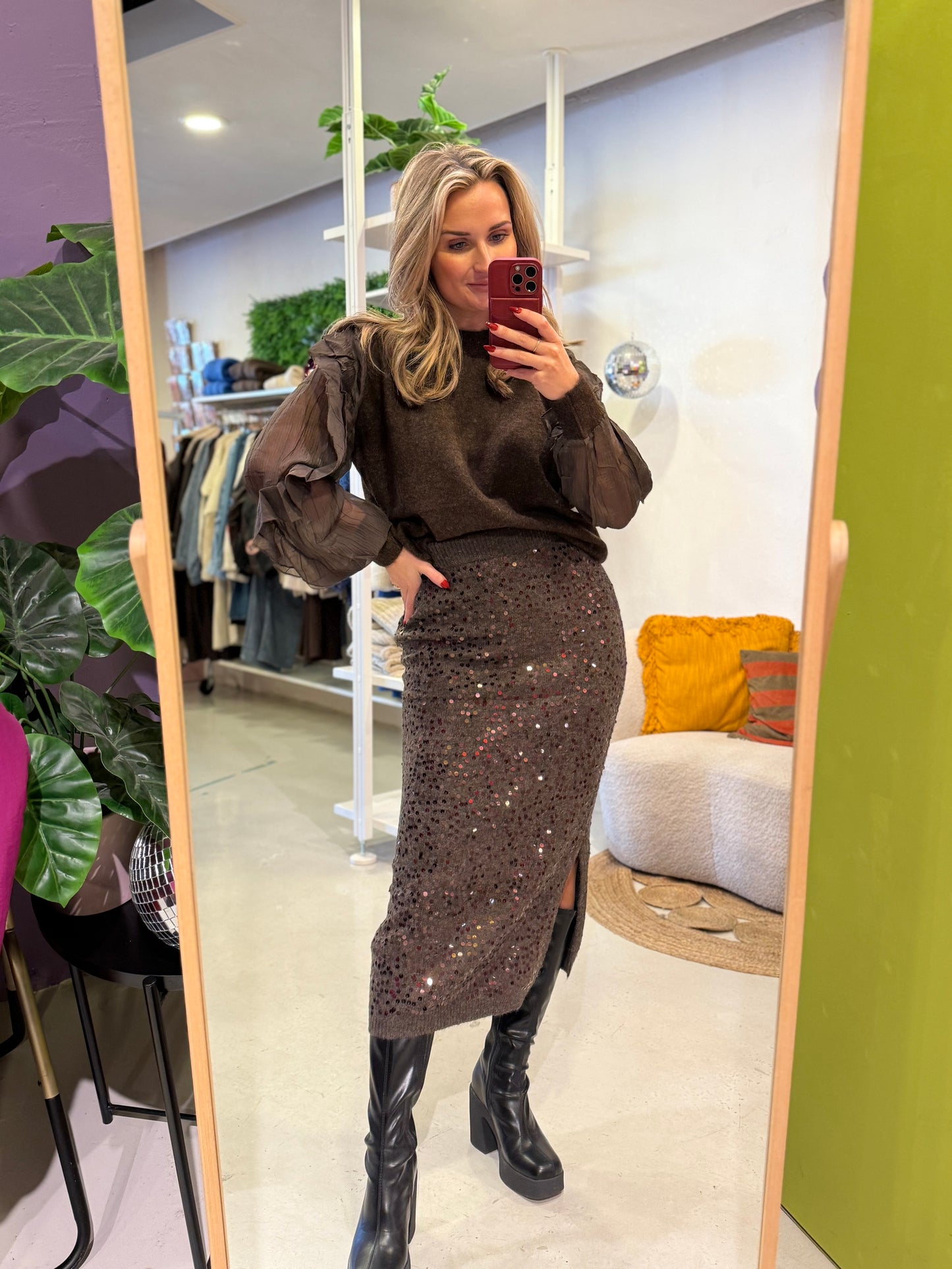 Gebreide rok met pailletten bruin