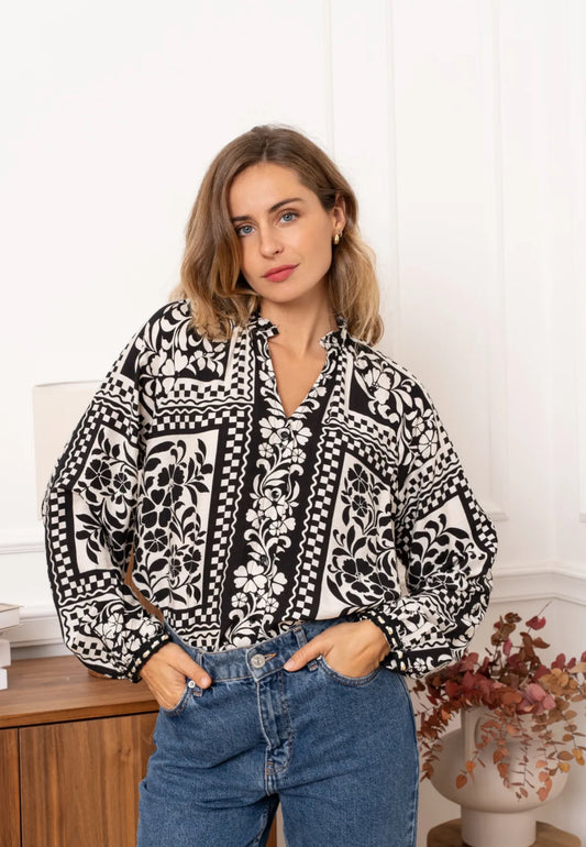 Zwart wit blouse met print