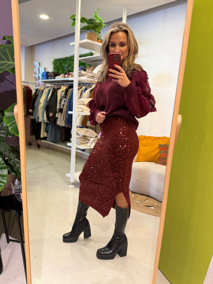 Gebreide rok met pailletten bordeaux rood
