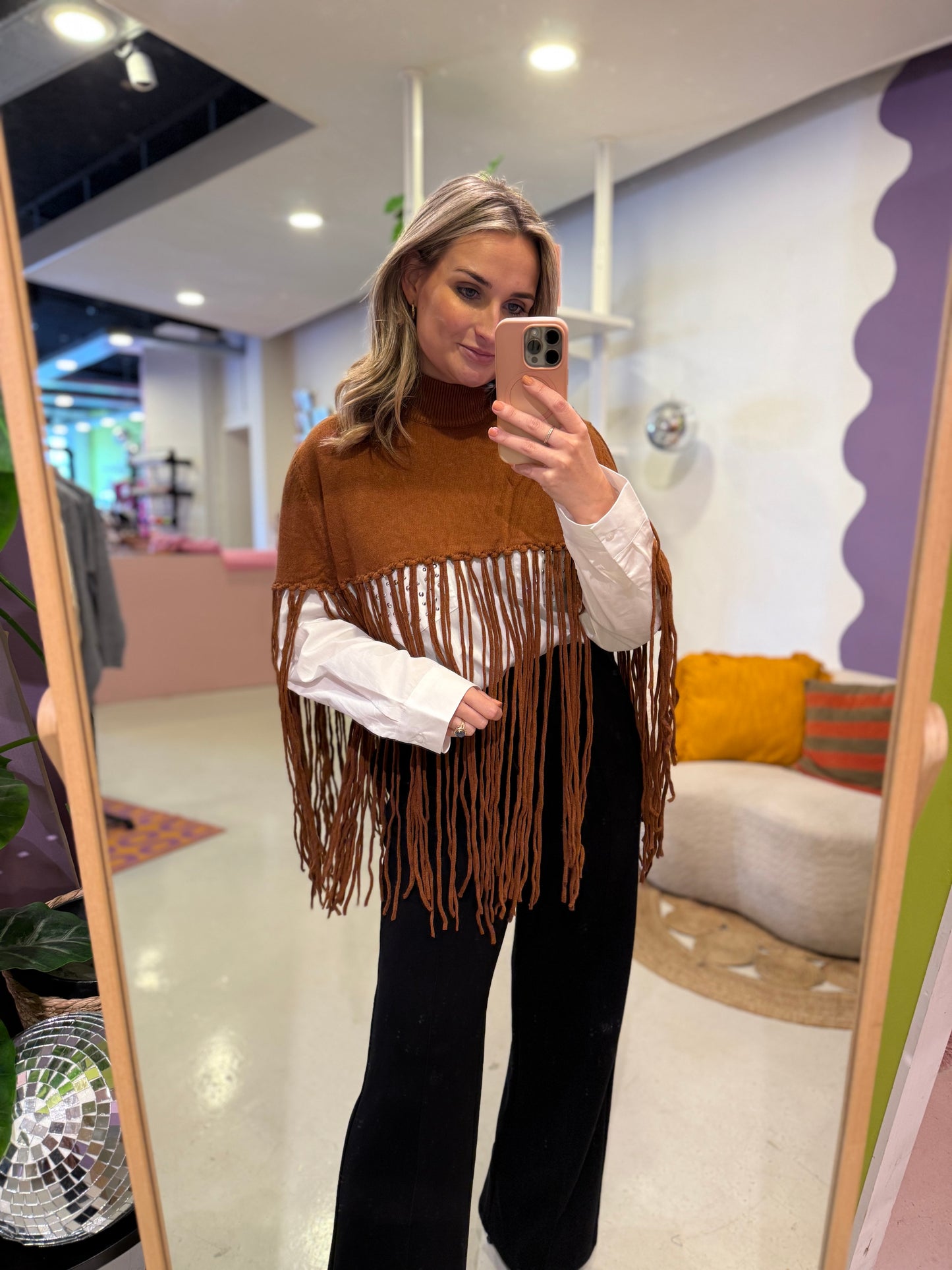 Camel fringe poncho