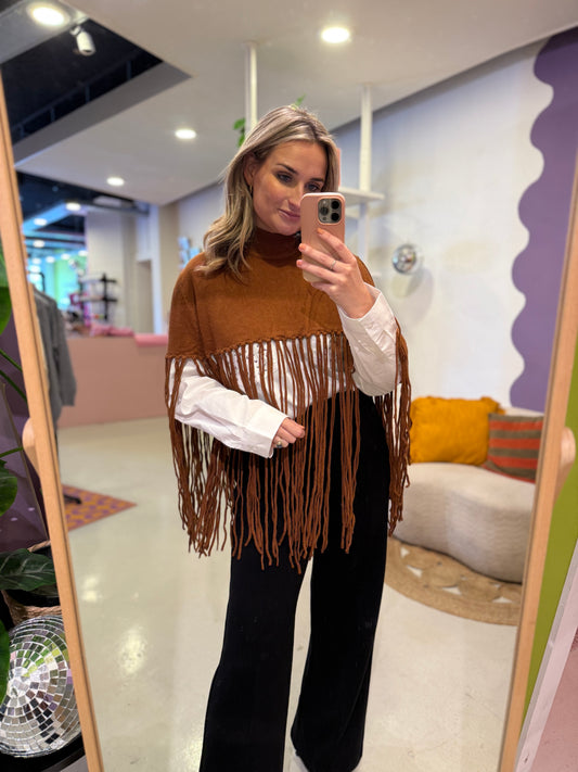 Camel fringe poncho
