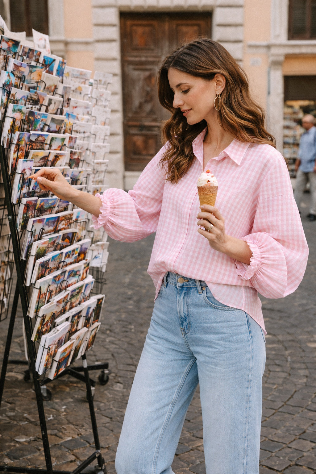 Geblokte blouse met ruffles roze