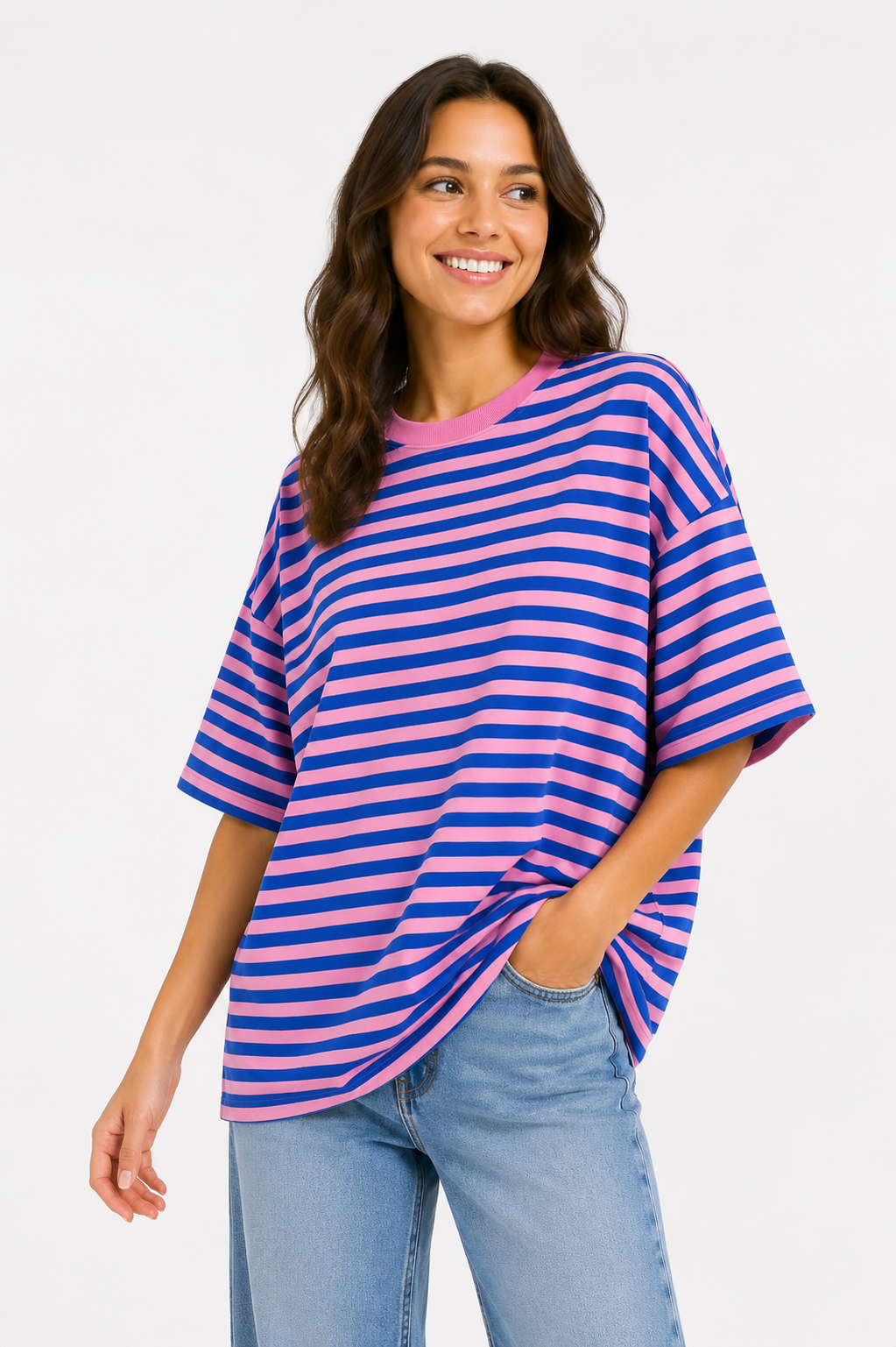 T-shirt streepjes blauw roze