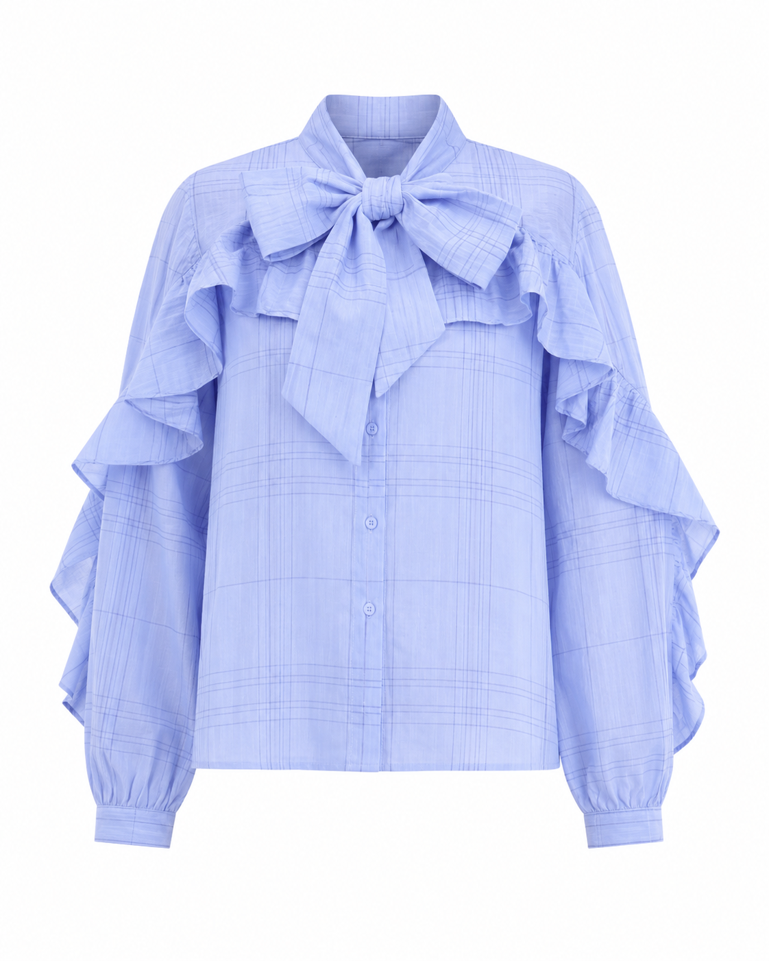 Blauwe blouse ruffle en strik
