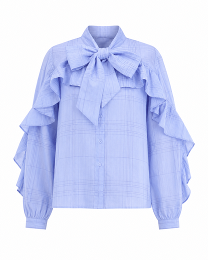 Blauwe blouse ruffle en strik