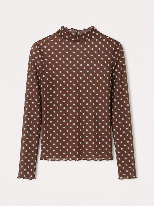 Polka dot mesh longsleeve bruin