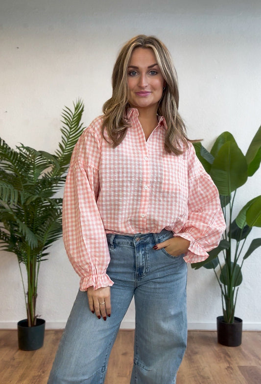 Geblokte blouse met ruffles roze