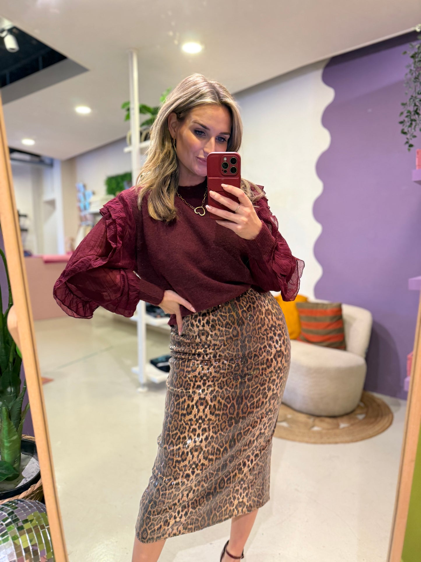 Gebreide trui met blouse mouwen bordeaux rood