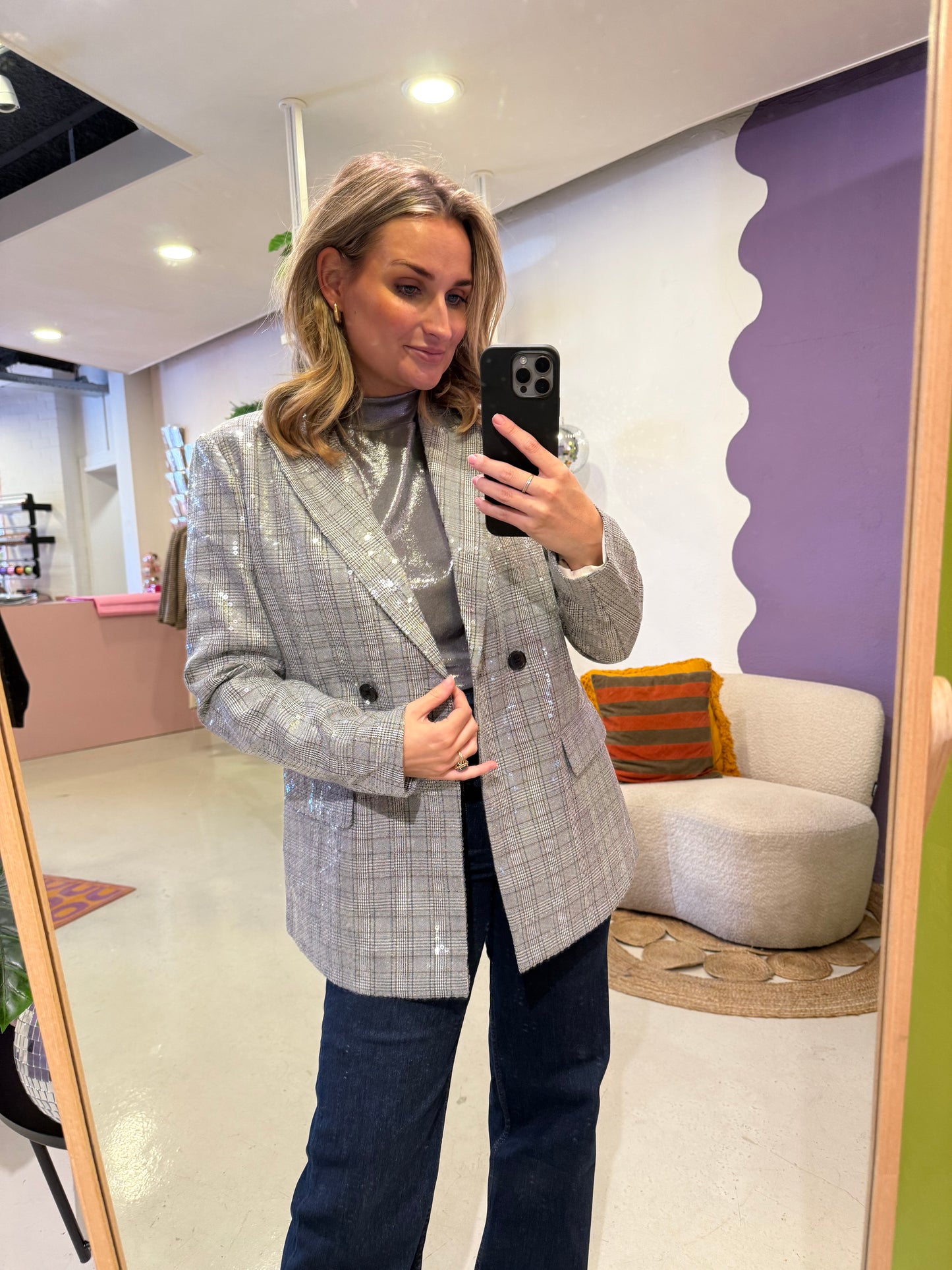 Elody blazer grijs geruit glitter