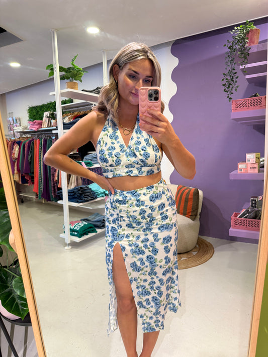 Halter top flower blauw