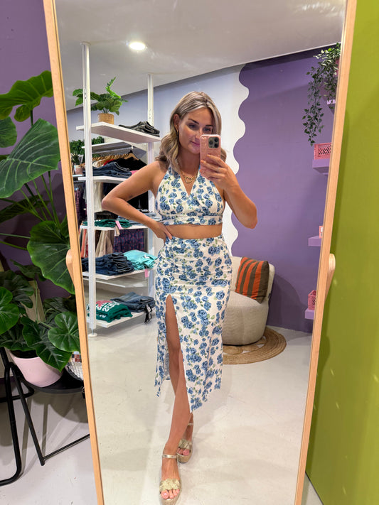 Halter top flower blauw