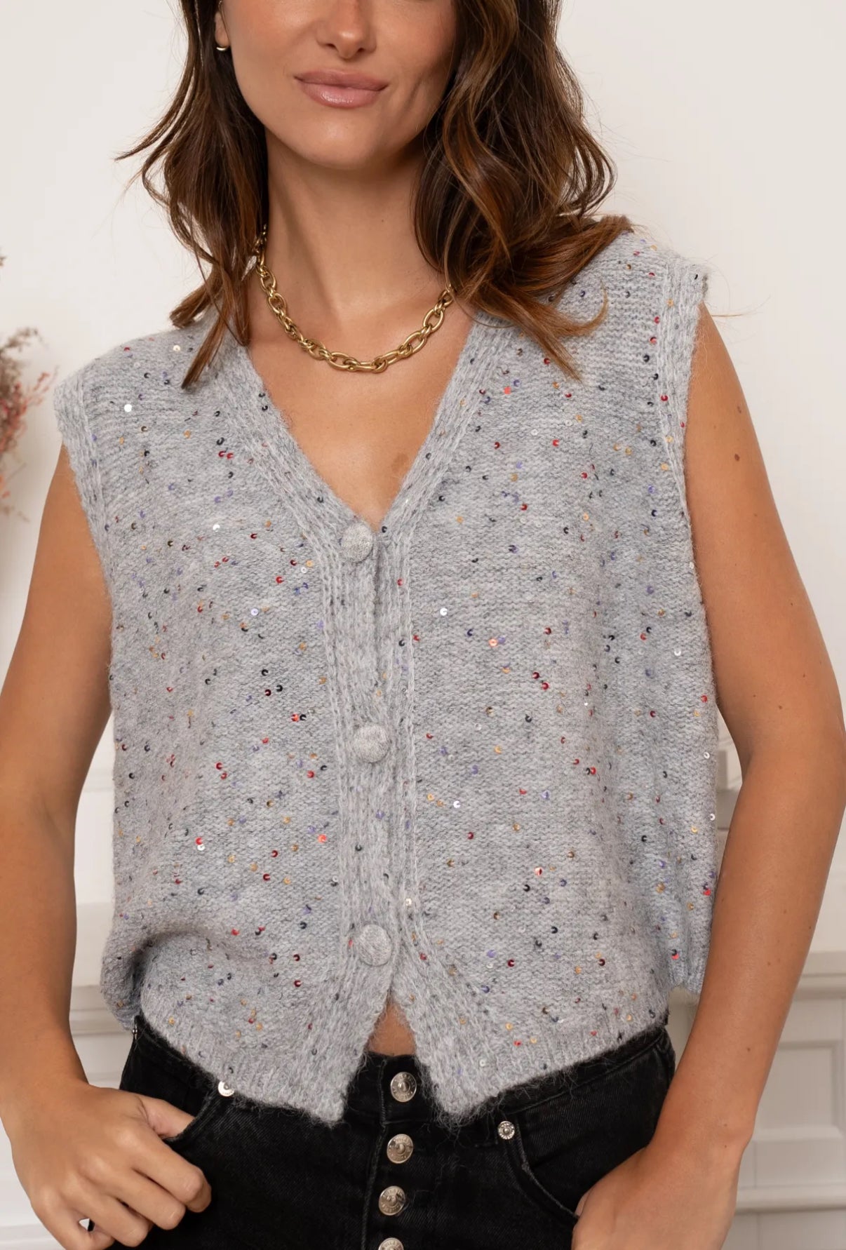 Gebreide spencer met glitter grijs