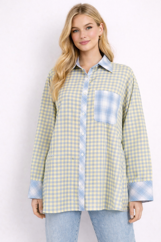Geruite blouse butter yellow/blue