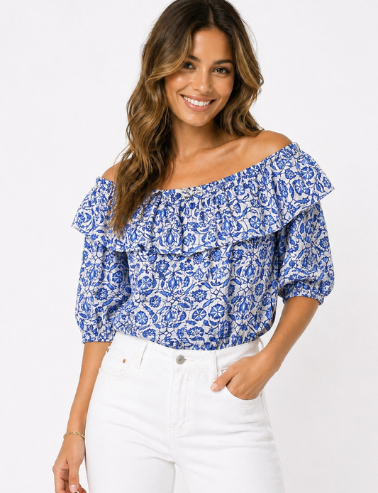 Amalfi Off shoulder blouse blauw/wit