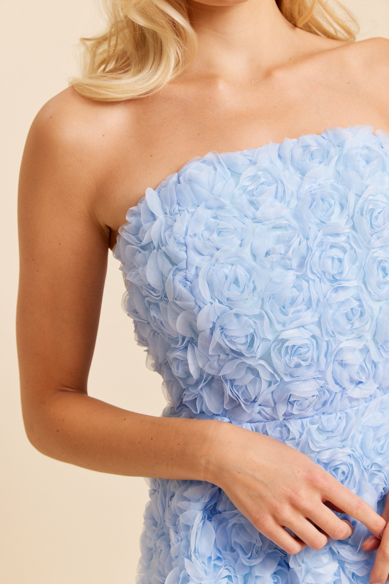 Feestelijke jurk strapless blauw bloemen