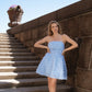 Feestelijke jurk strapless blauw bloemen