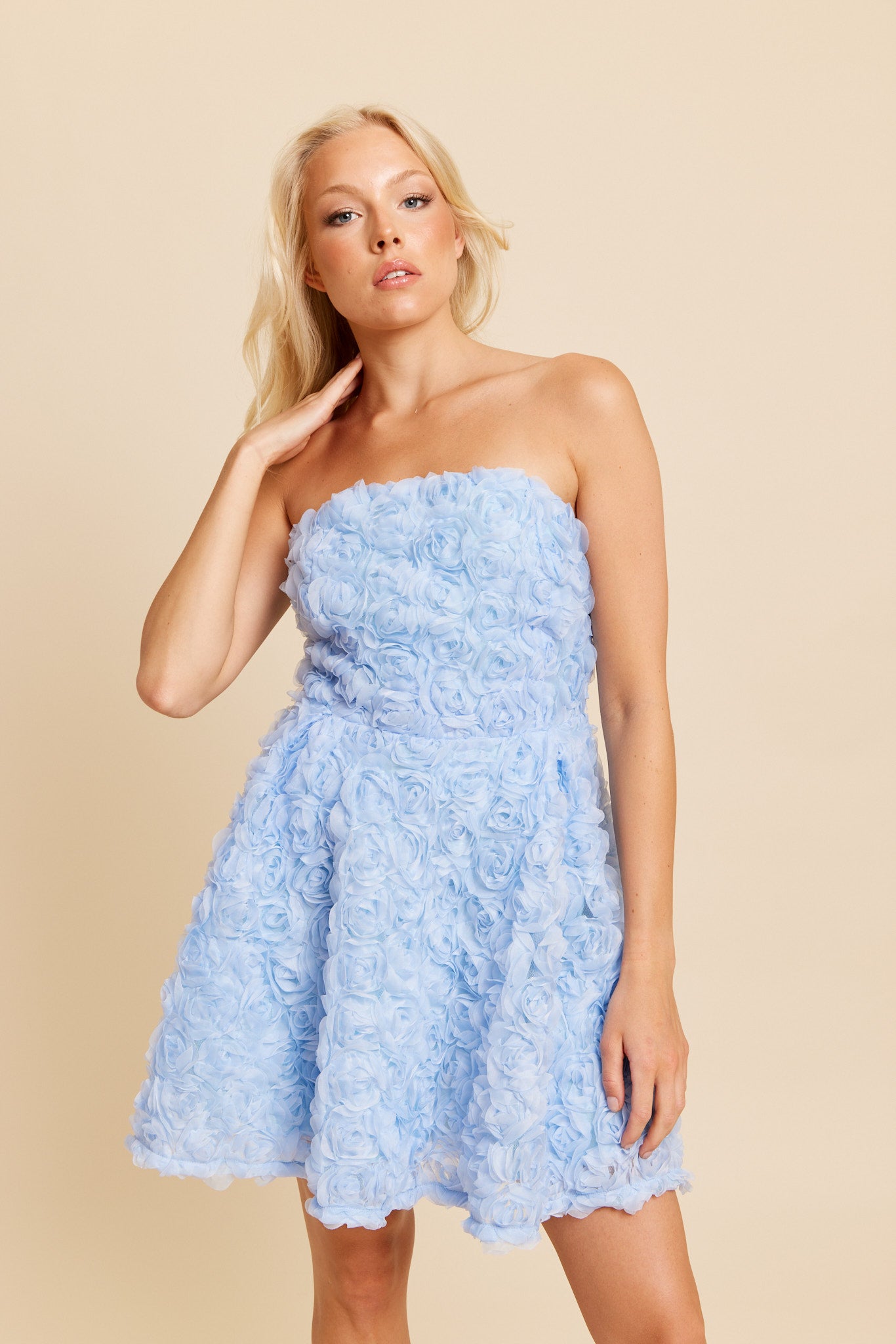 Feestelijke jurk strapless blauw bloemen