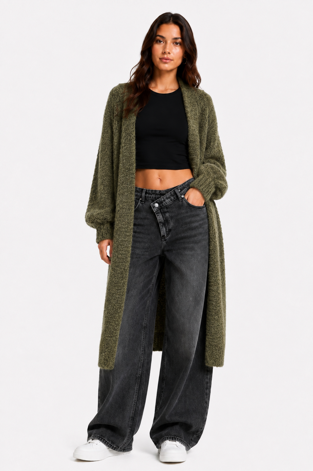 Lang fluffy vest khaki groen