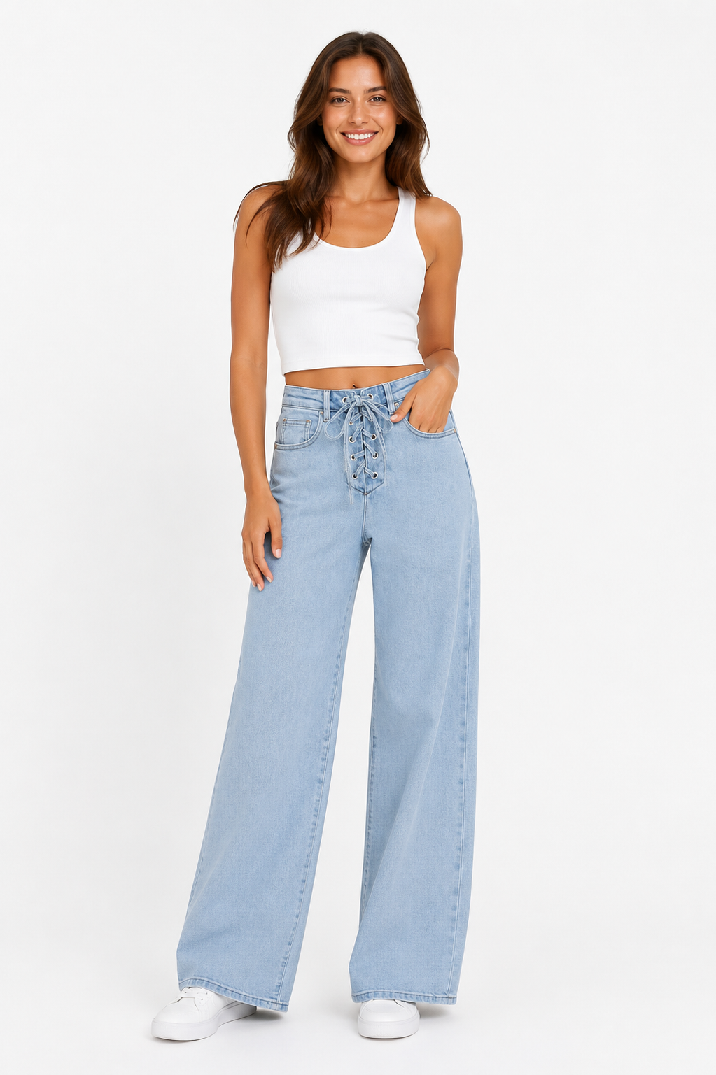 Lace-up wide leg jeans - light denim
