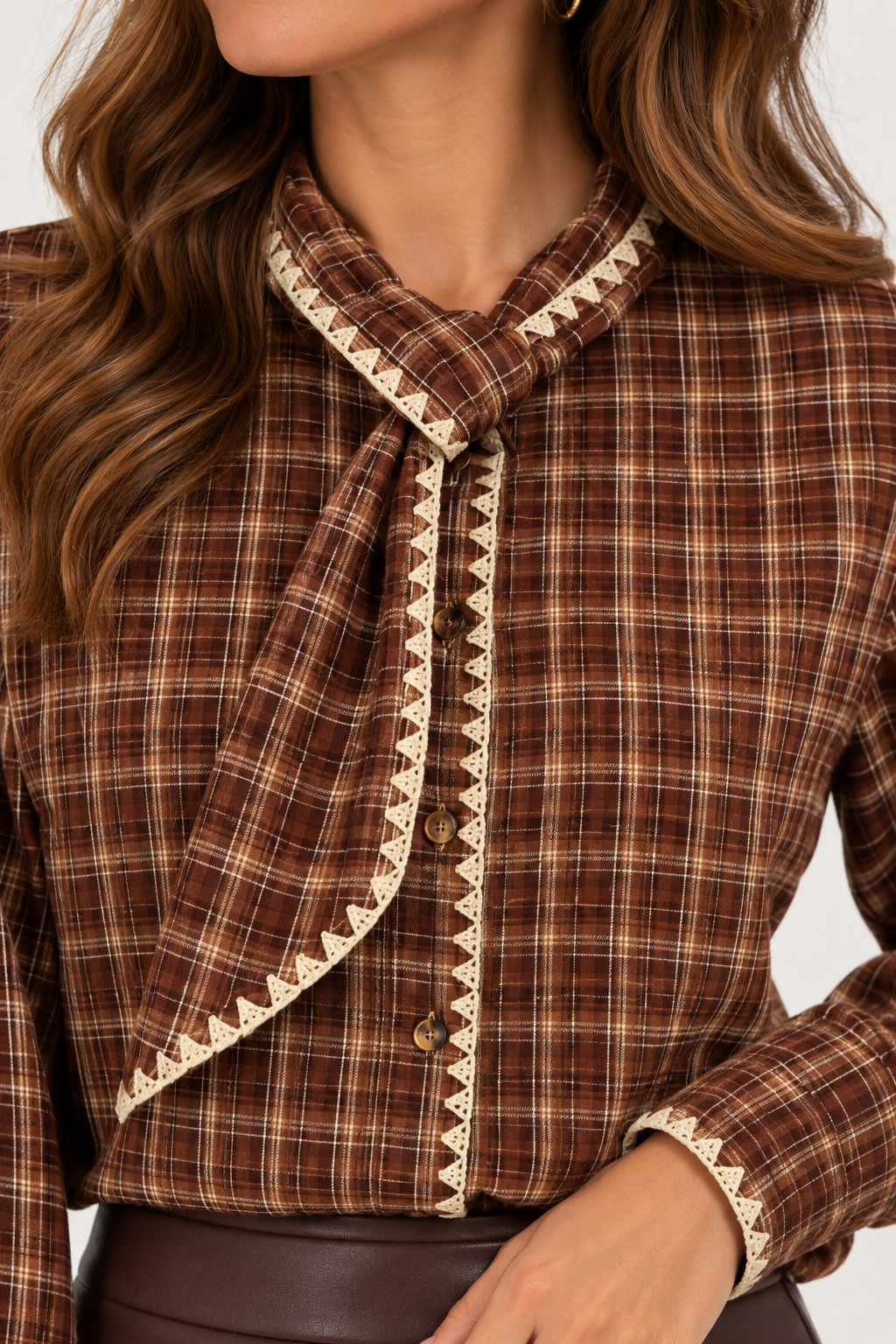 Geruite blouse bruin met bies