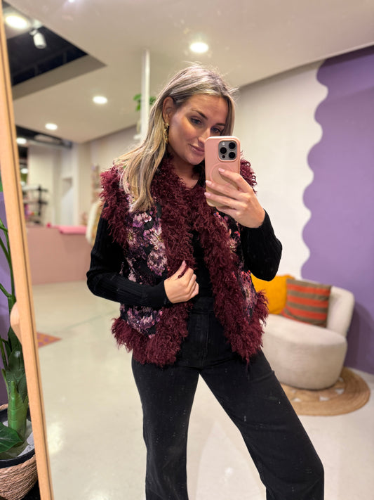 Glitter gilet fluffy bordeaux one size