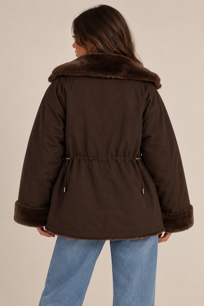 Reversibele jacket faux fur chocolade bruin