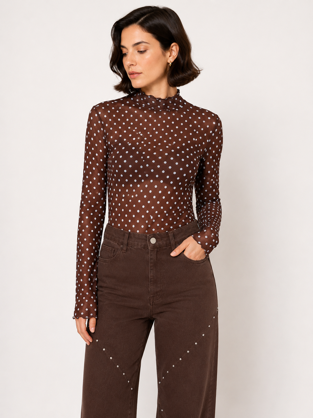 Polka dot mesh longsleeve bruin
