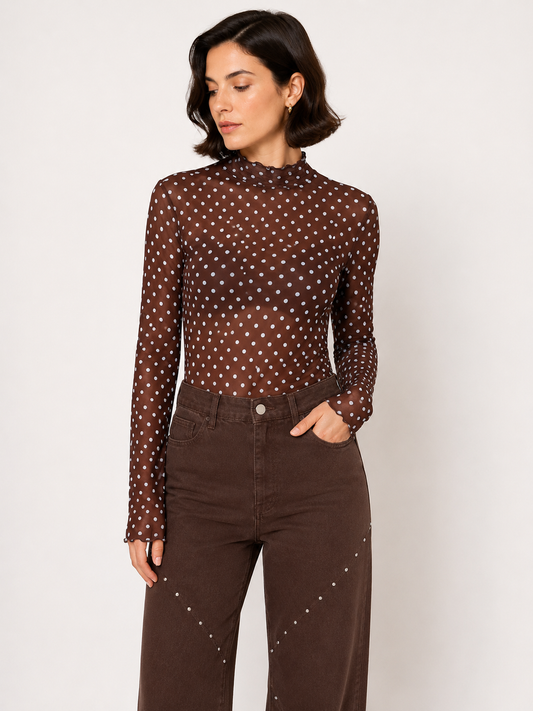 Polka dot mesh longsleeve bruin