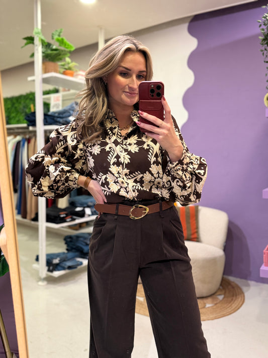 Blouse bruin met print en ballonmouw