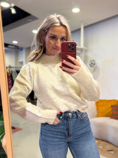 Pailletten trui ecru