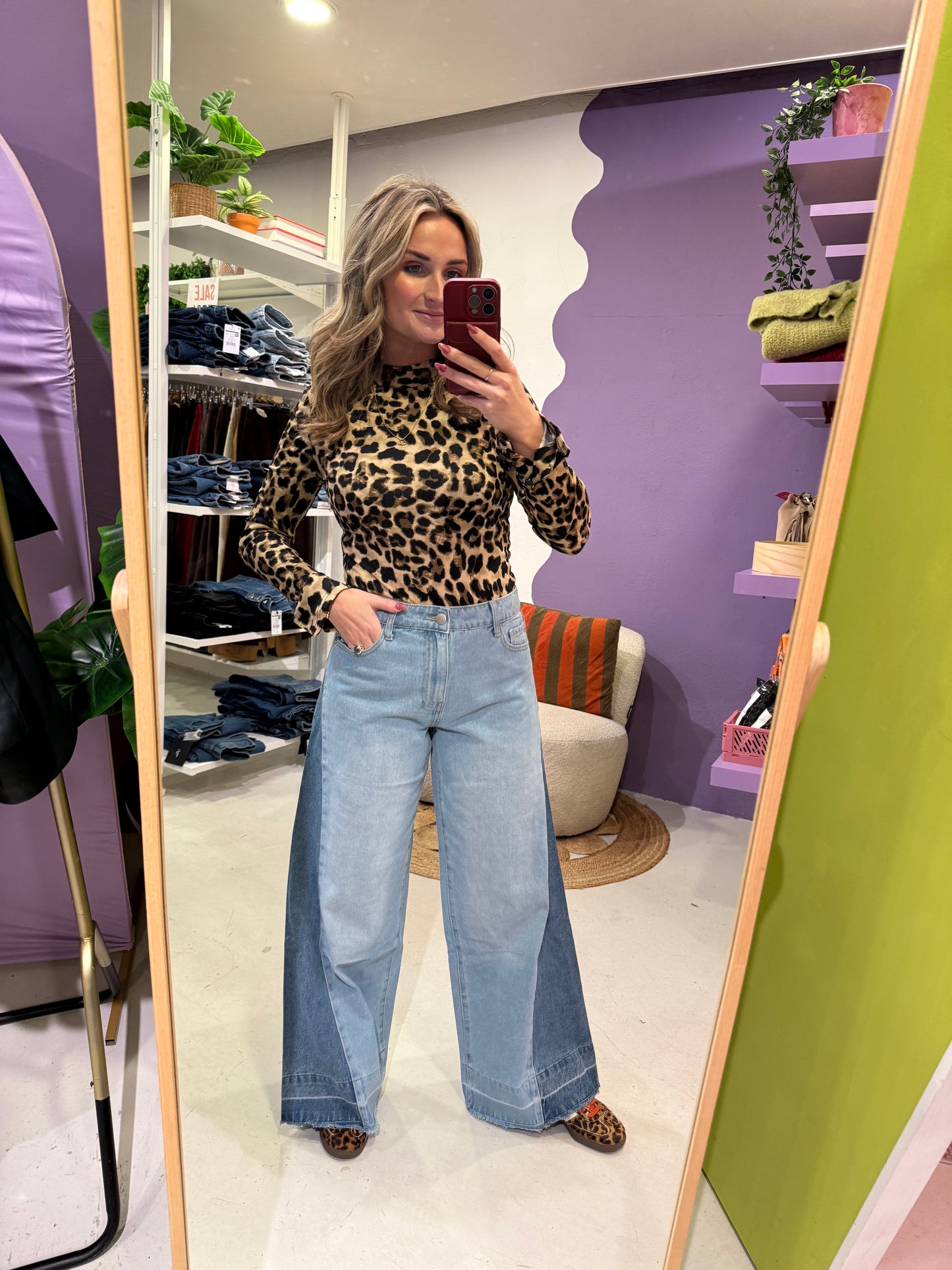 Wijde jeans met contrasterende denim