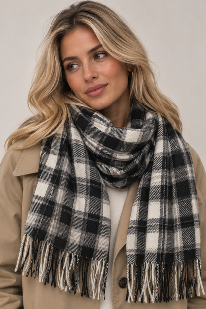Geruite sjaal met fringes blauw met zwart